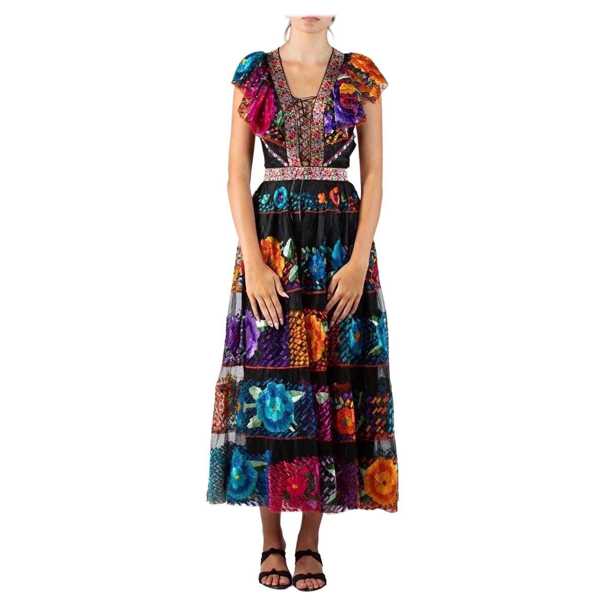 MA Black Cotton Blend Net Gown Covered In Floral Embroidery