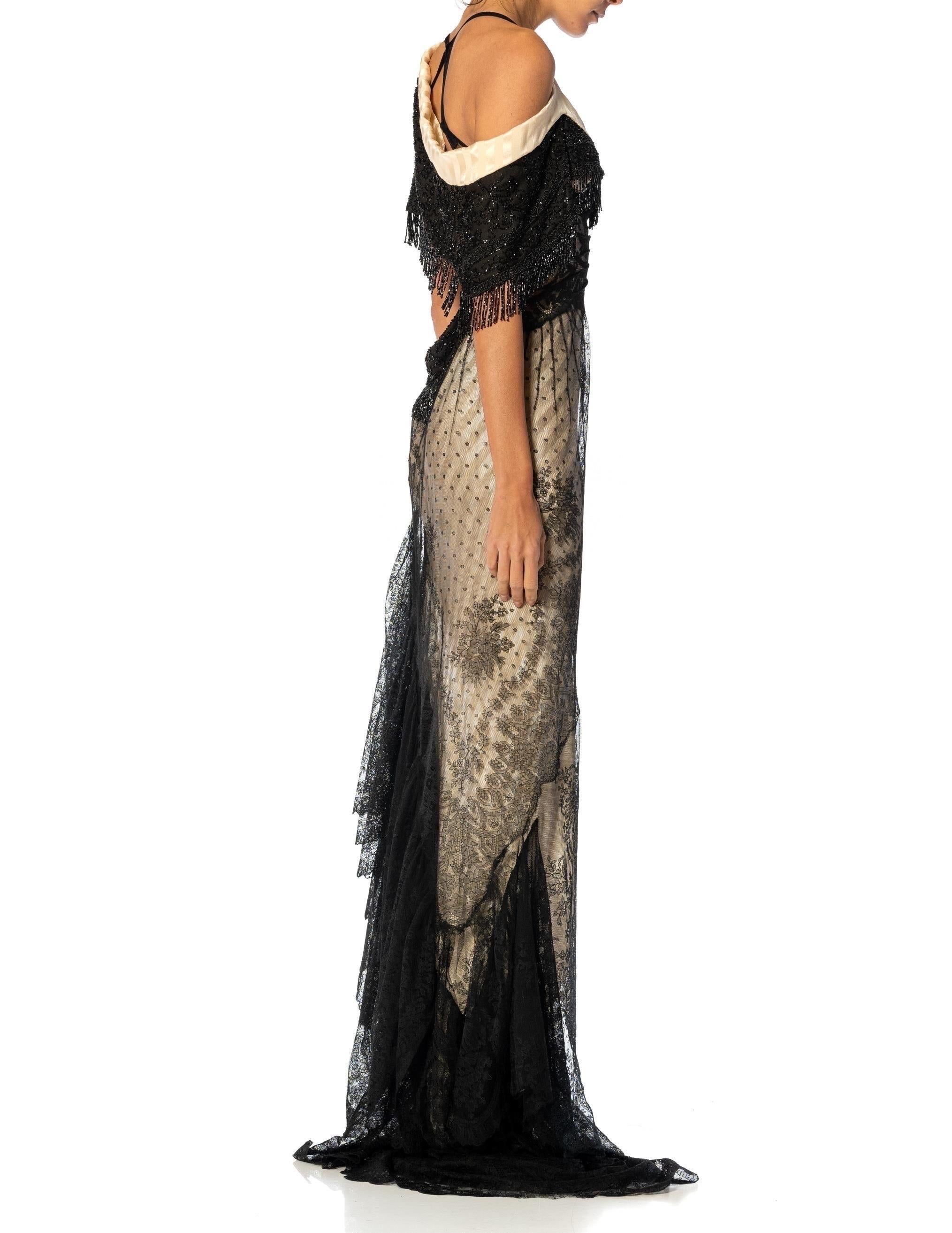 MORPHEW ATELIER Black & Cream Silk Chantilly Lace Trained Gown With Victorian B For Sale 12