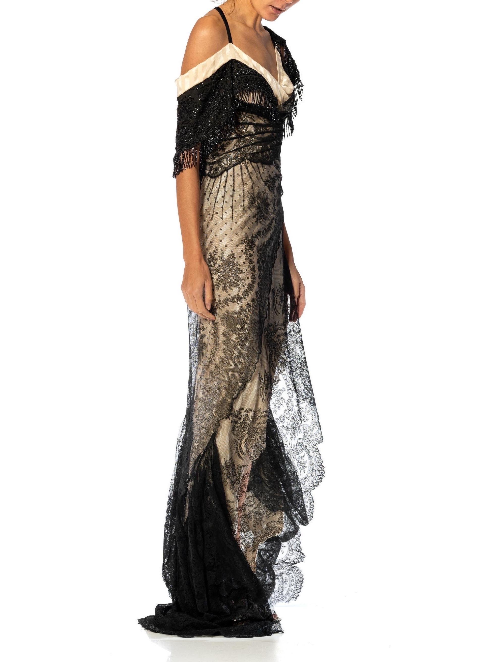 MORPHEW ATELIER Black & Cream Silk Chantilly Lace Trained Gown With Victorian B For Sale 13