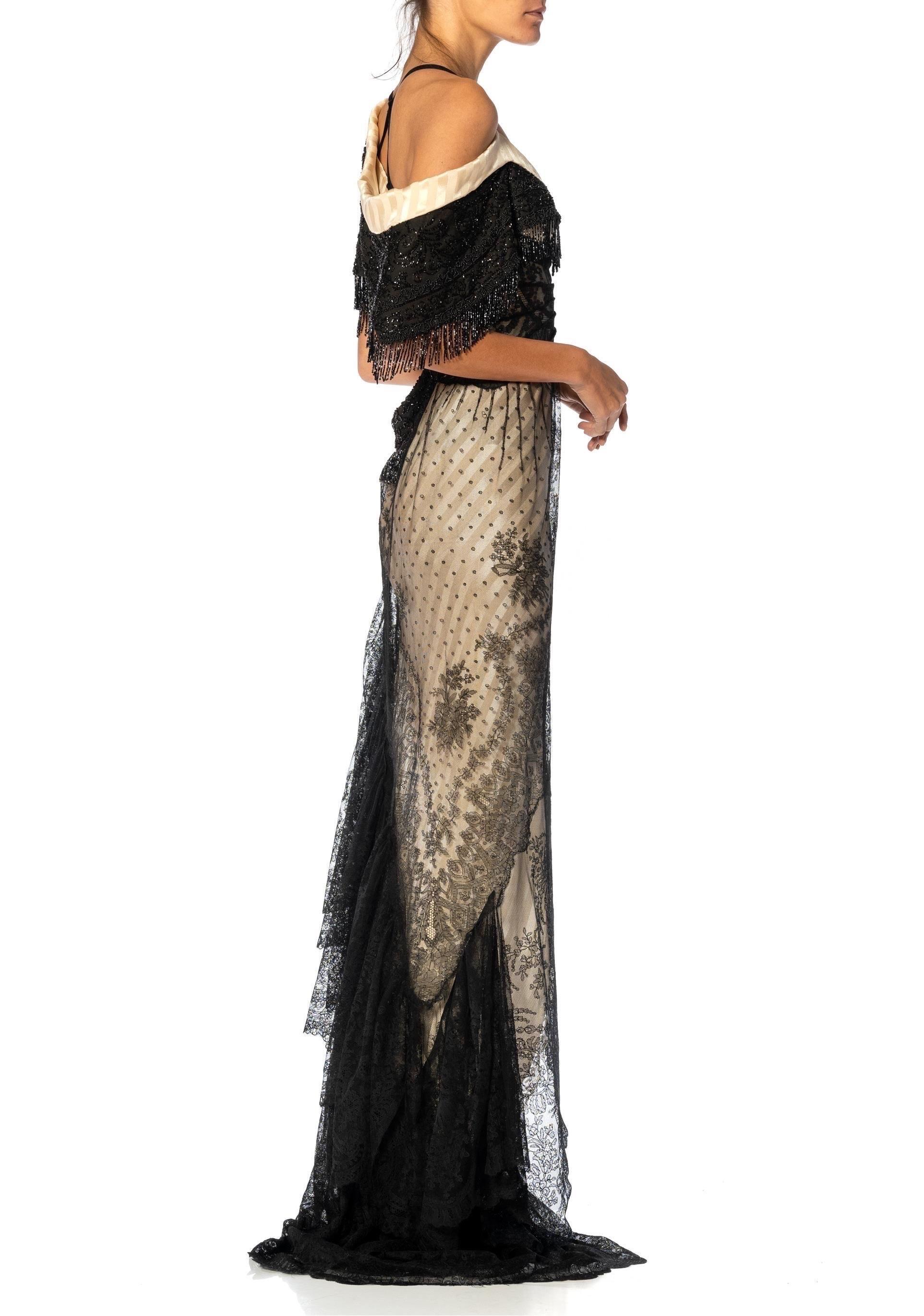 Women's MORPHEW ATELIER Black & Cream Silk Chantilly Lace Trained Gown With Victorian B For Sale