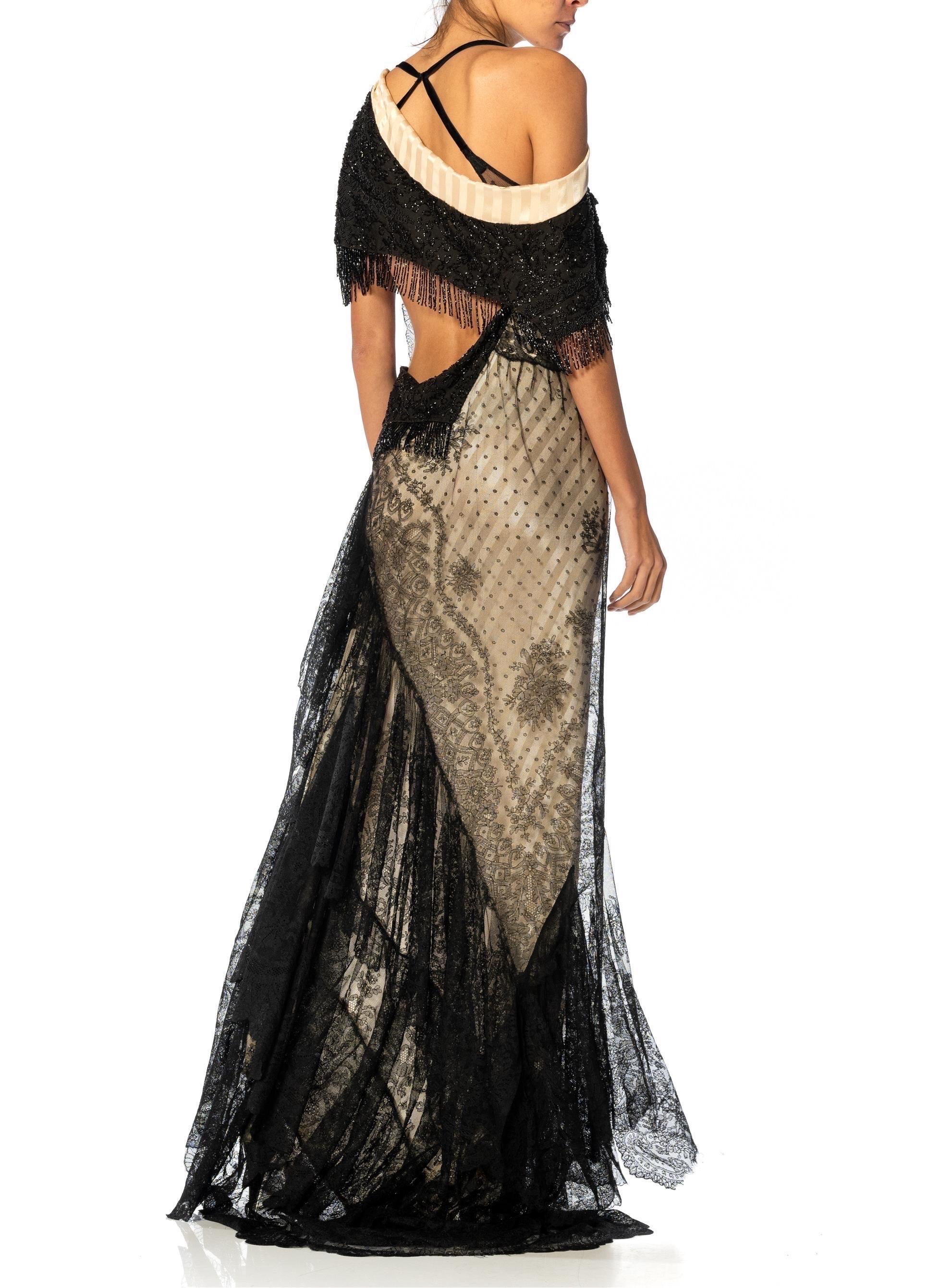 MORPHEW ATELIER Black & Cream Silk Chantilly Lace Trained Gown With Victorian B For Sale 2