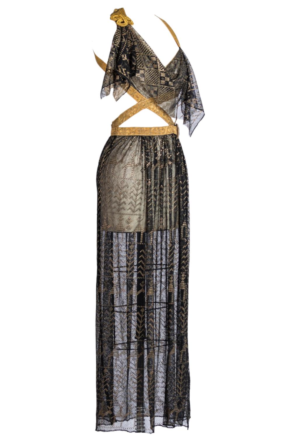 Women's MORPHEW ATELIER Black & Gold Cotton Net Antique Egyptian Assuit Gown With Milit For Sale