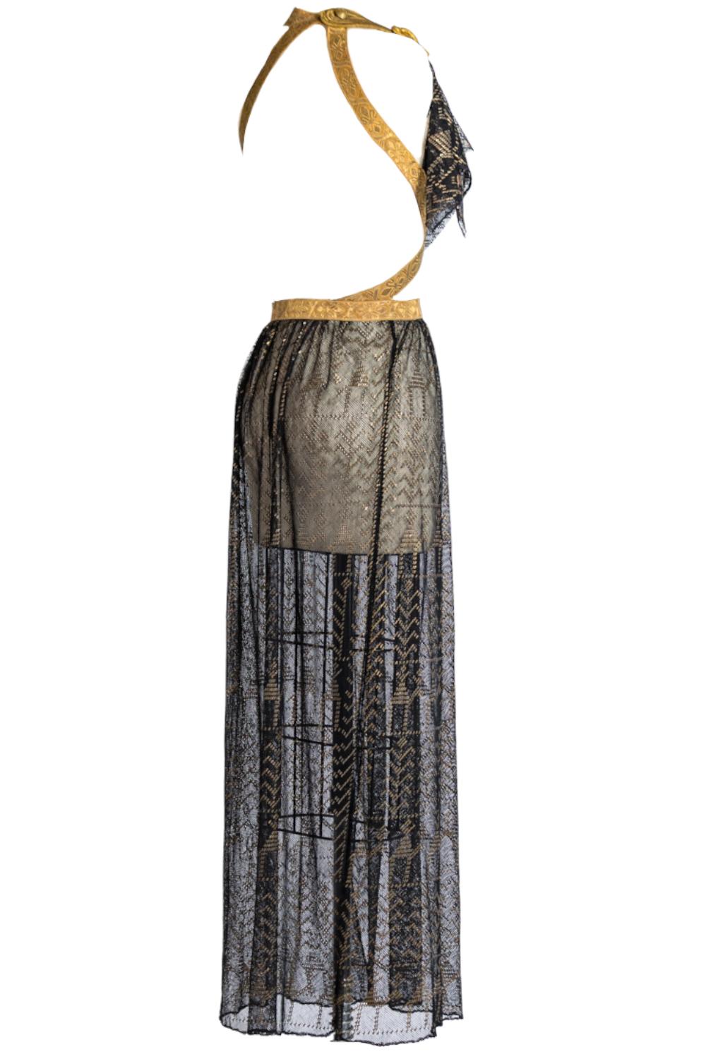 MORPHEW ATELIER Robe d'assaut égyptienne antique en filet de coton noir et or, avec milit... en vente 3