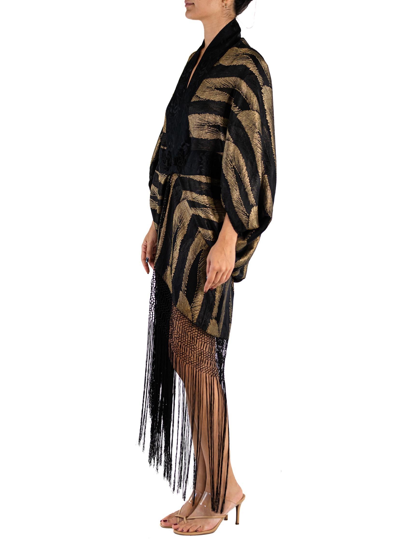 MORPHEW ATELIER Black & Gold Metallic Silk Lamé Cocoon With Fringe And Silver V In New Condition For Sale In New York, NY