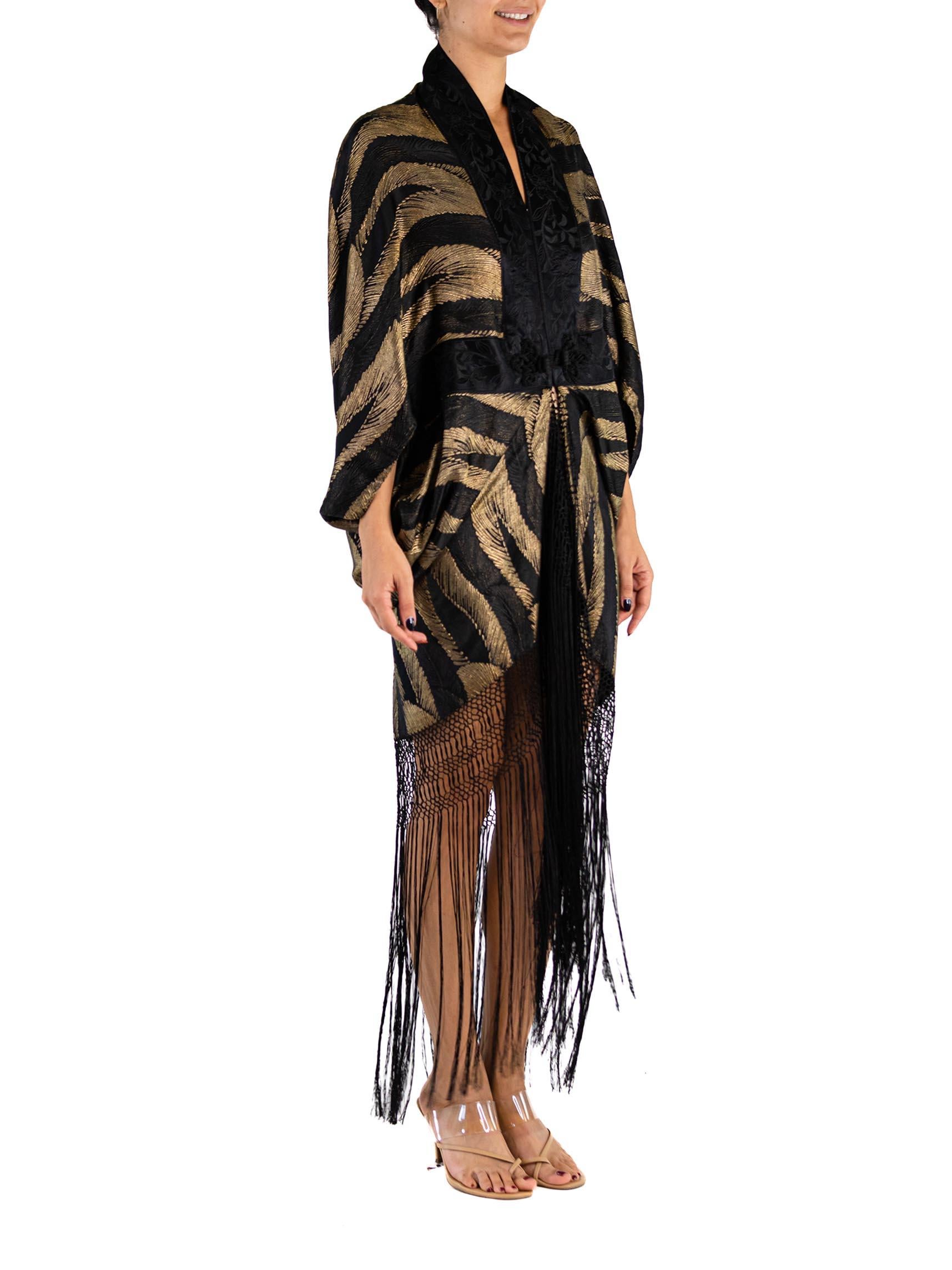 Women's MORPHEW ATELIER Black & Gold Metallic Silk Lamé Cocoon With Fringe And Silver V For Sale