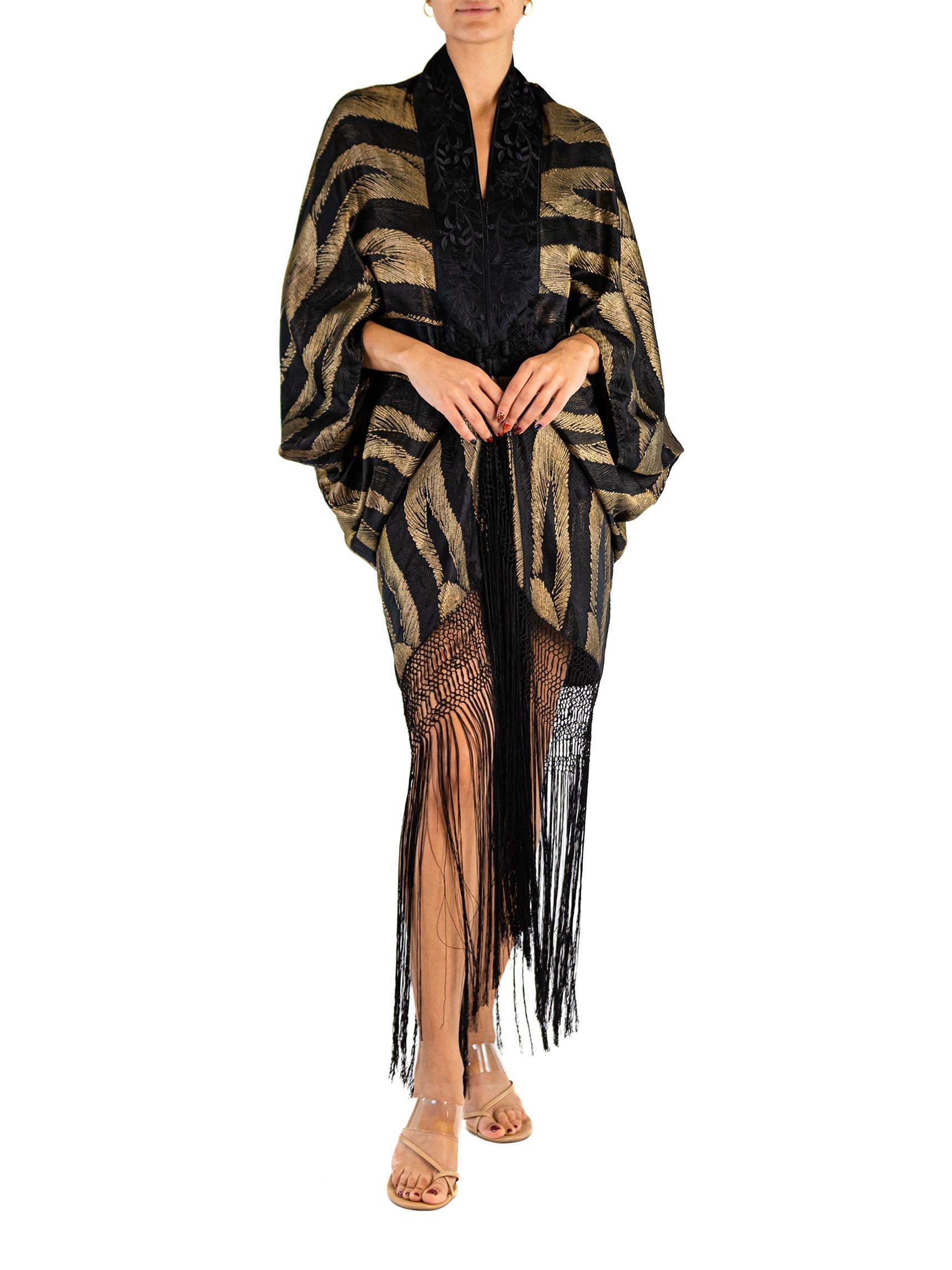MORPHEW ATELIER Black & Gold Metallic Silk Lamé Cocoon With Fringe And Silver V For Sale 1