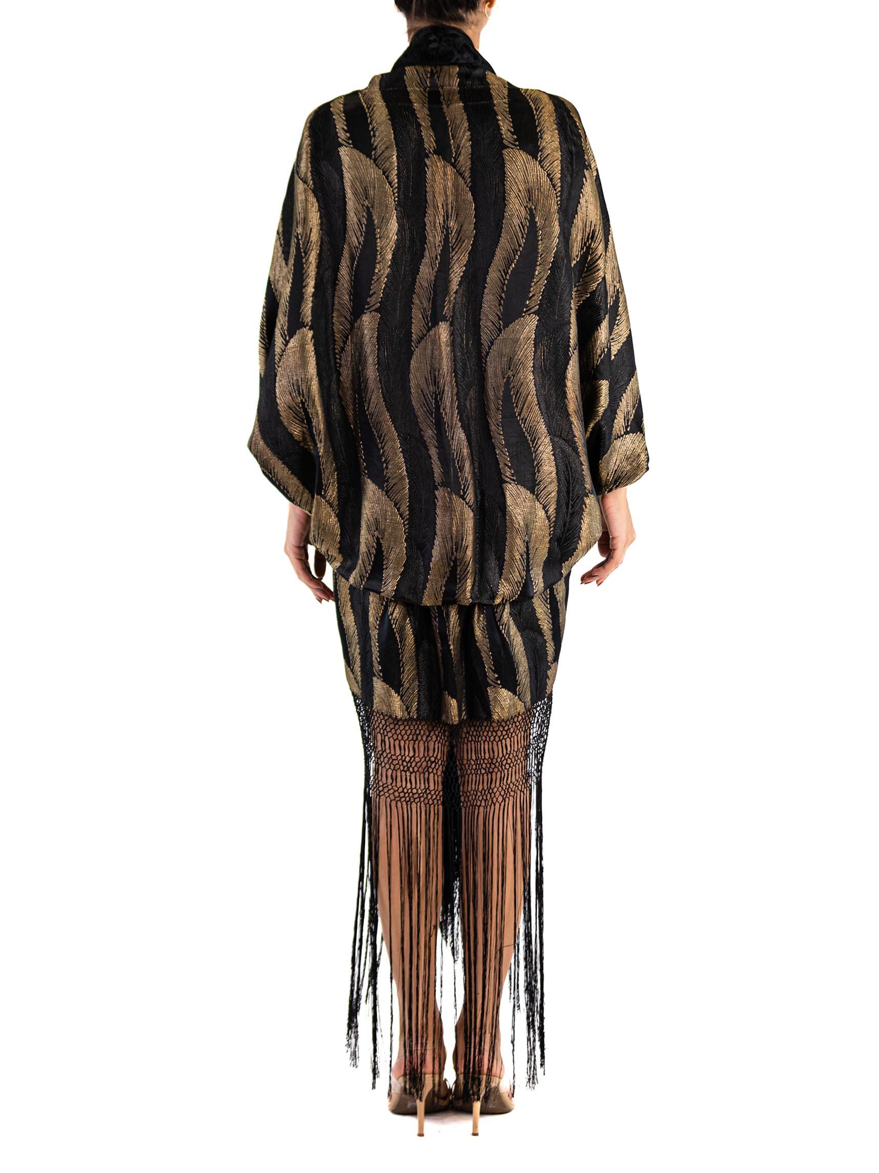MORPHEW ATELIER Black & Gold Metallic Silk Lamé Cocoon With Fringe And Silver V For Sale 2