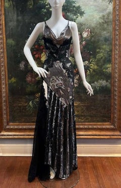 MORPHEW ATELIER Black & Gold & Silver Metal Mesh Beaded Silk Chiffon & Lace Gown
