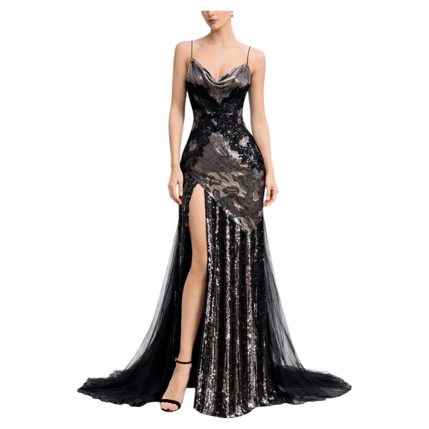 Morphew ATELIER Robe en mousseline de soie et dentelle avec perles en maille métallique noir, or et argent