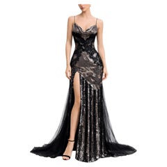 MORPHEW ATELIER Black & Gold & Silver Metal Mesh Beaded Silk Chiffon & Lace Gown