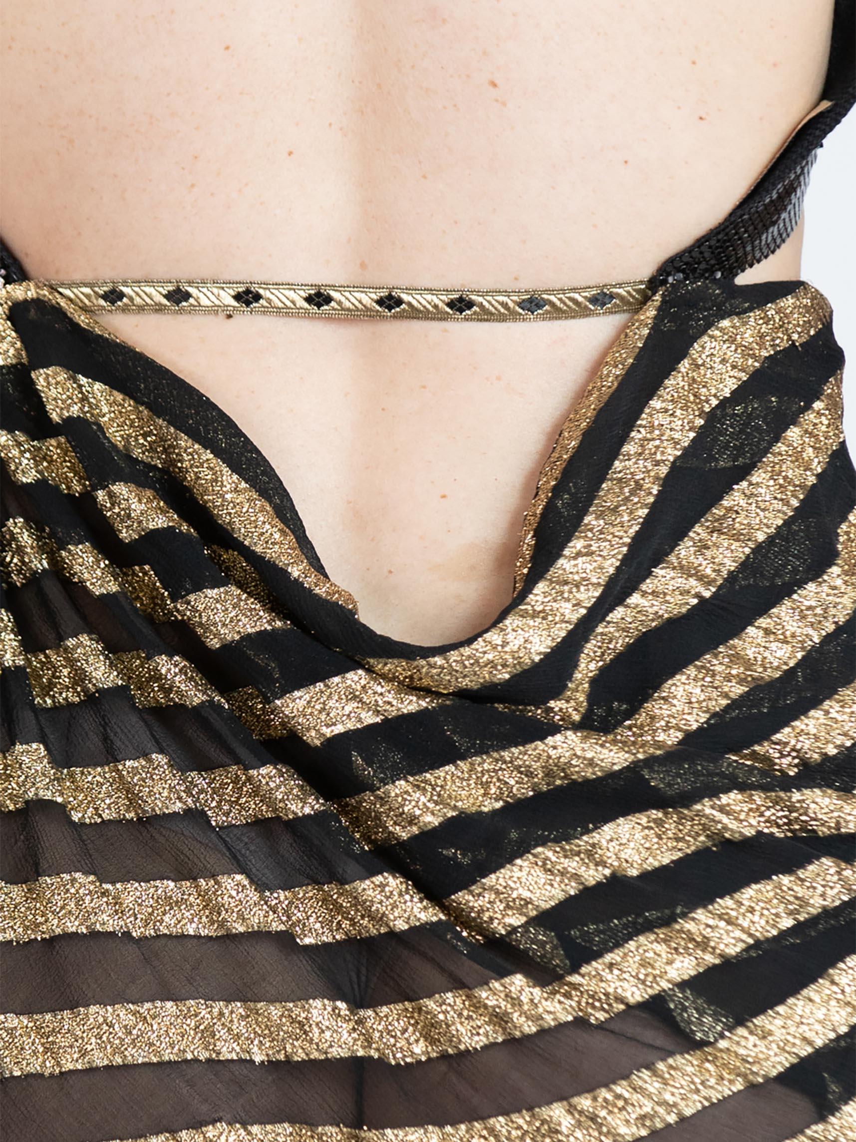MORPHEW ATELIER Black & Gold Striped Silk Lurex Chiffon With Metal Mesh Gown For Sale 5