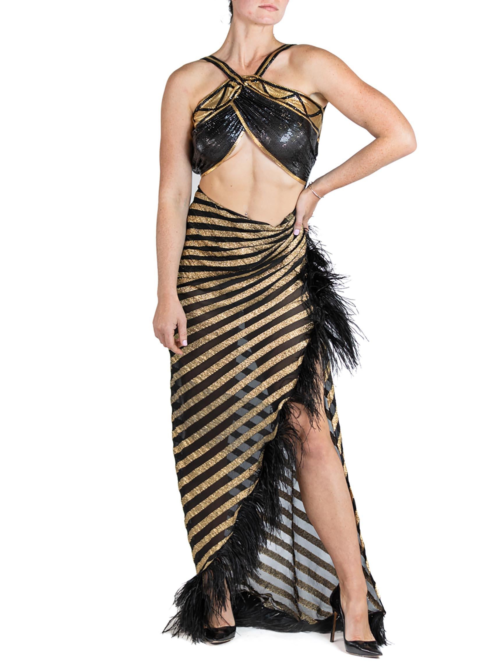 Women's MORPHEW ATELIER Black & Gold Striped Silk Lurex Chiffon With Metal Mesh Gown For Sale