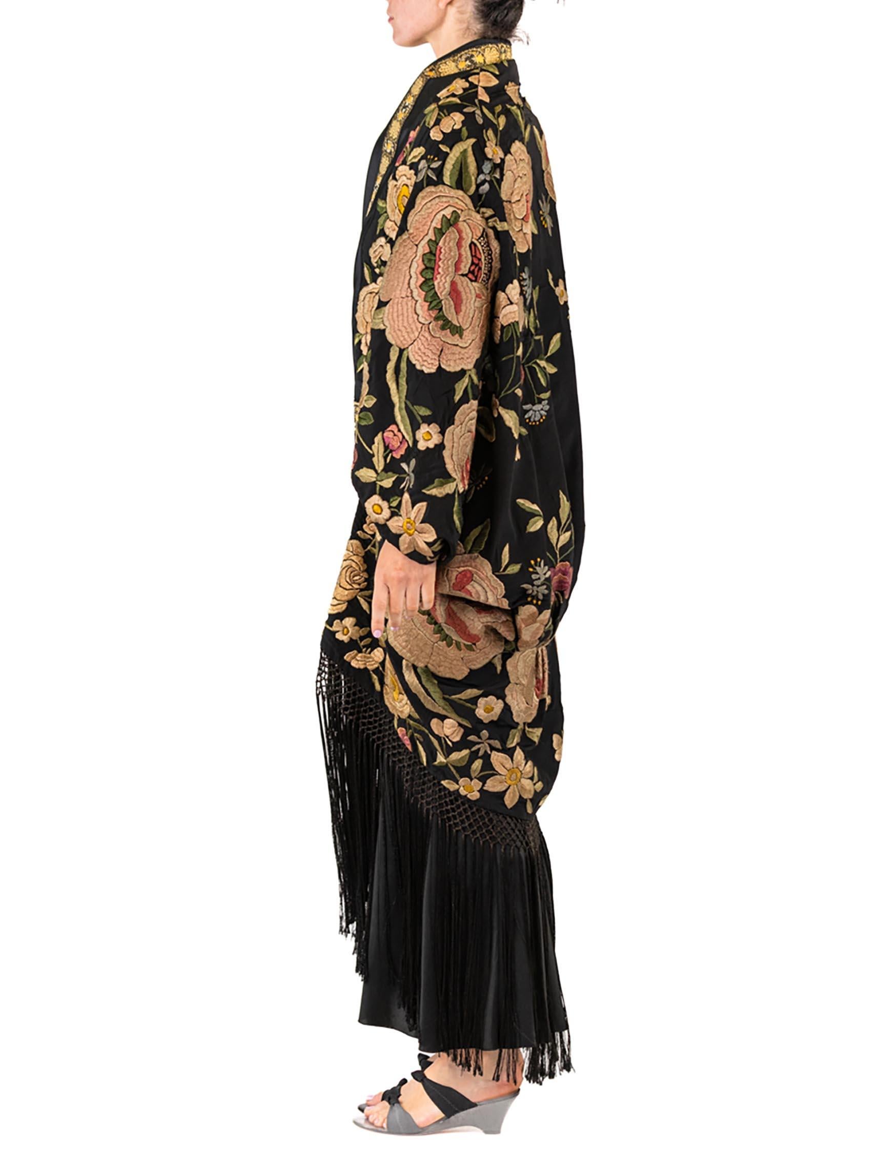 MORPHEW ATELIER Black Hand Embroidered Silk Floral Cocoon With Fringe And Vinta In New Condition For Sale In New York, NY