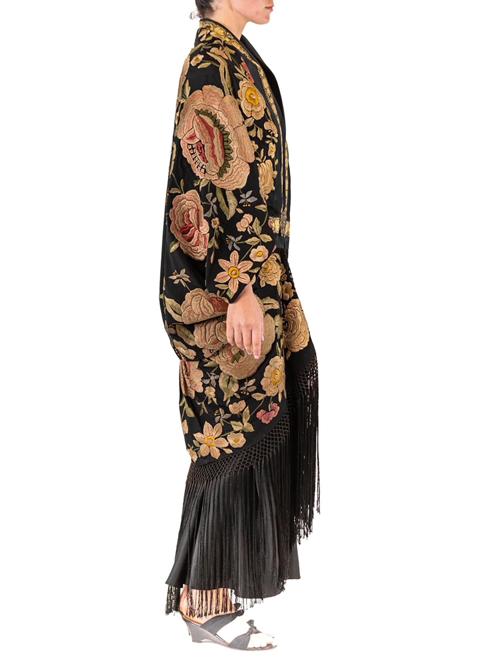 Women's MORPHEW ATELIER Black Hand Embroidered Silk Floral Cocoon With Fringe And Vinta For Sale