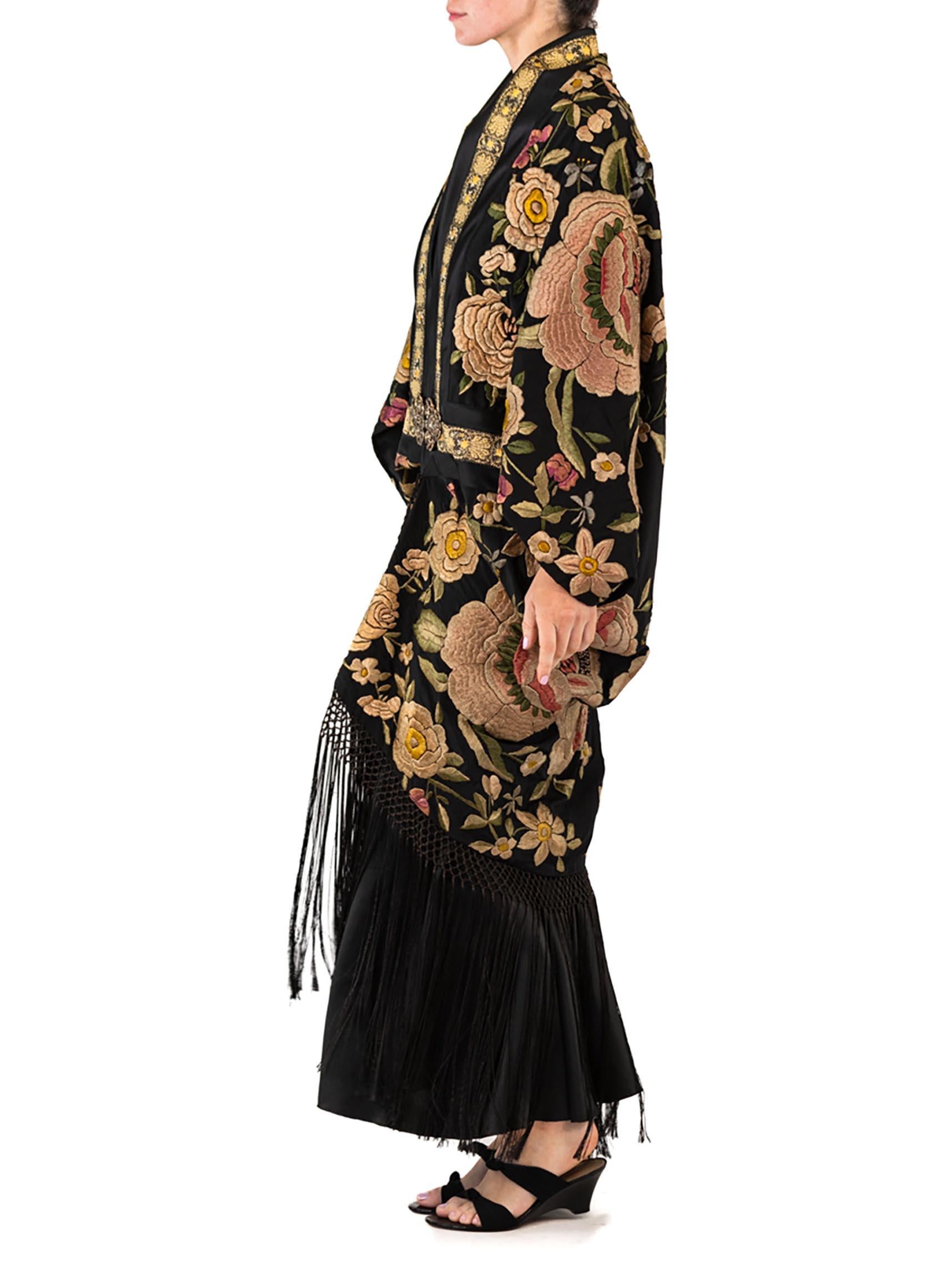 MORPHEW ATELIER Black Hand Embroidered Silk Floral Cocoon With Fringe And Vinta For Sale 1