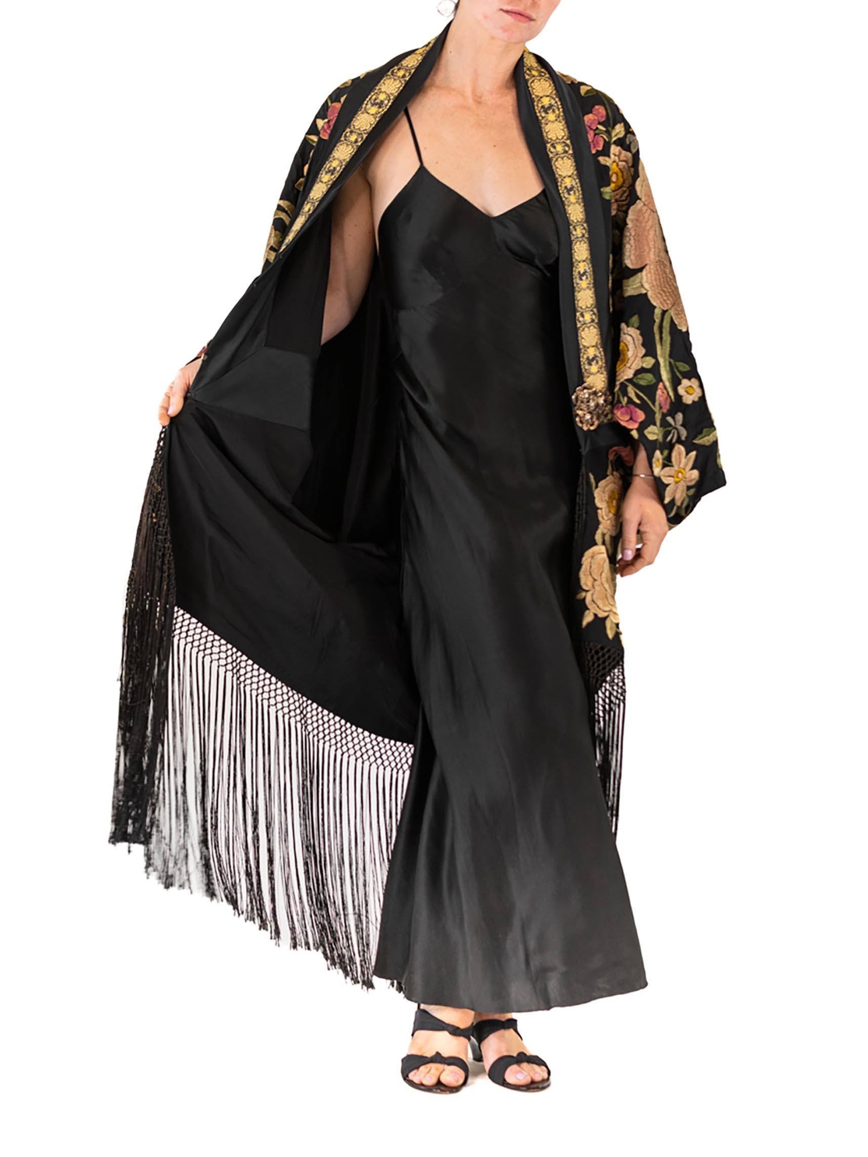 MORPHEW ATELIER Black Hand Embroidered Silk Floral Cocoon With Fringe And Vinta For Sale 2