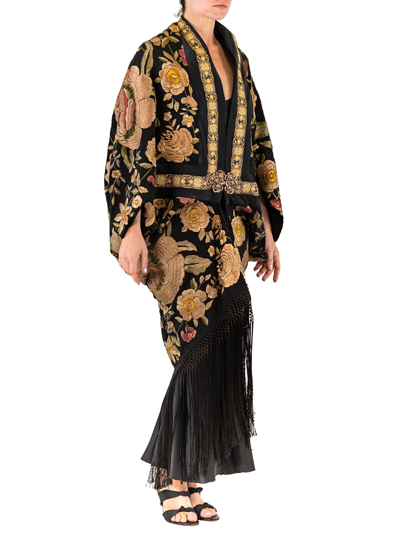 MORPHEW ATELIER Black Hand Embroidered Silk Floral Cocoon With Fringe And Vinta For Sale 3