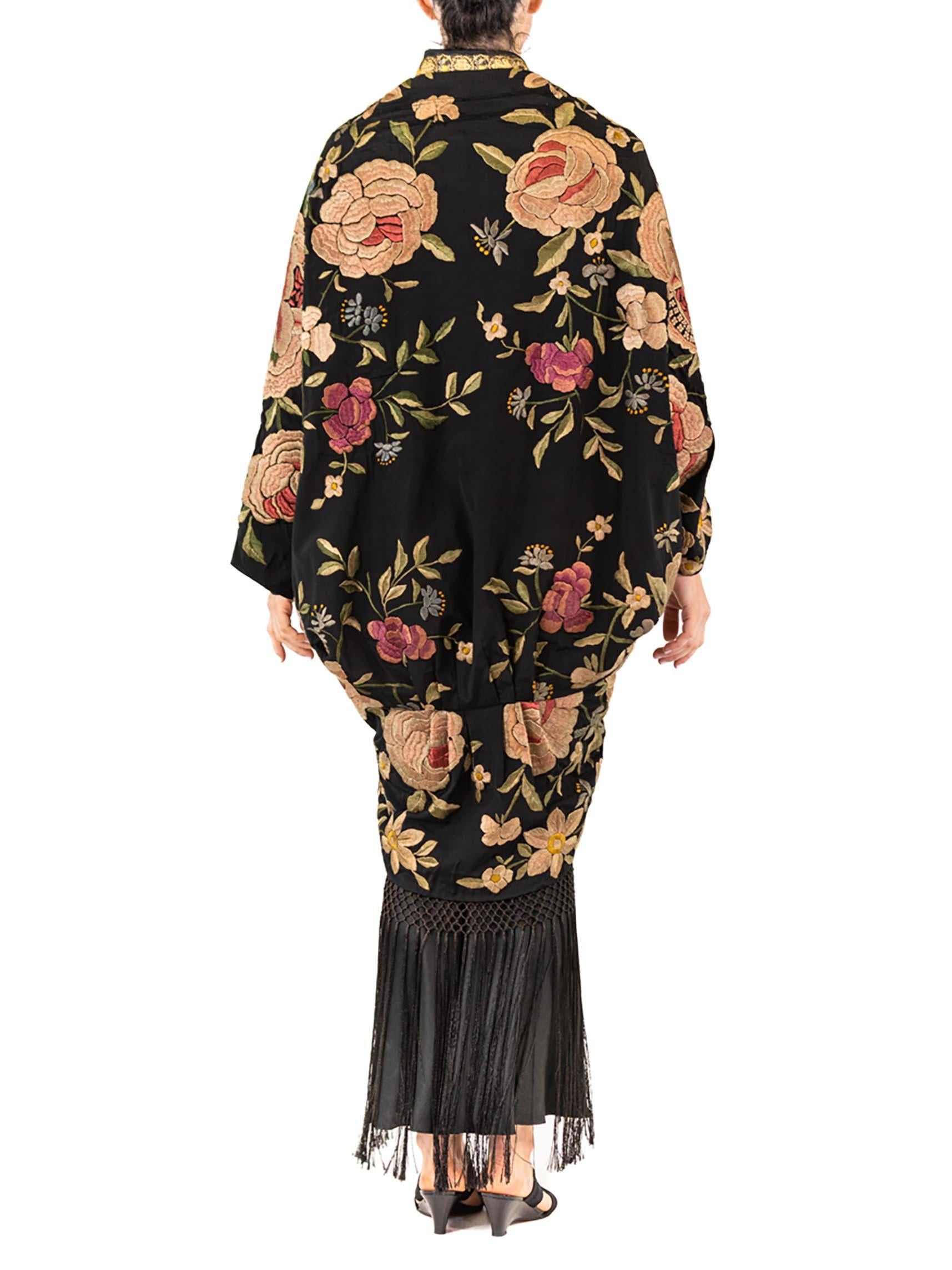 MORPHEW ATELIER Black Hand Embroidered Silk Floral Cocoon With Fringe And Vinta For Sale 4