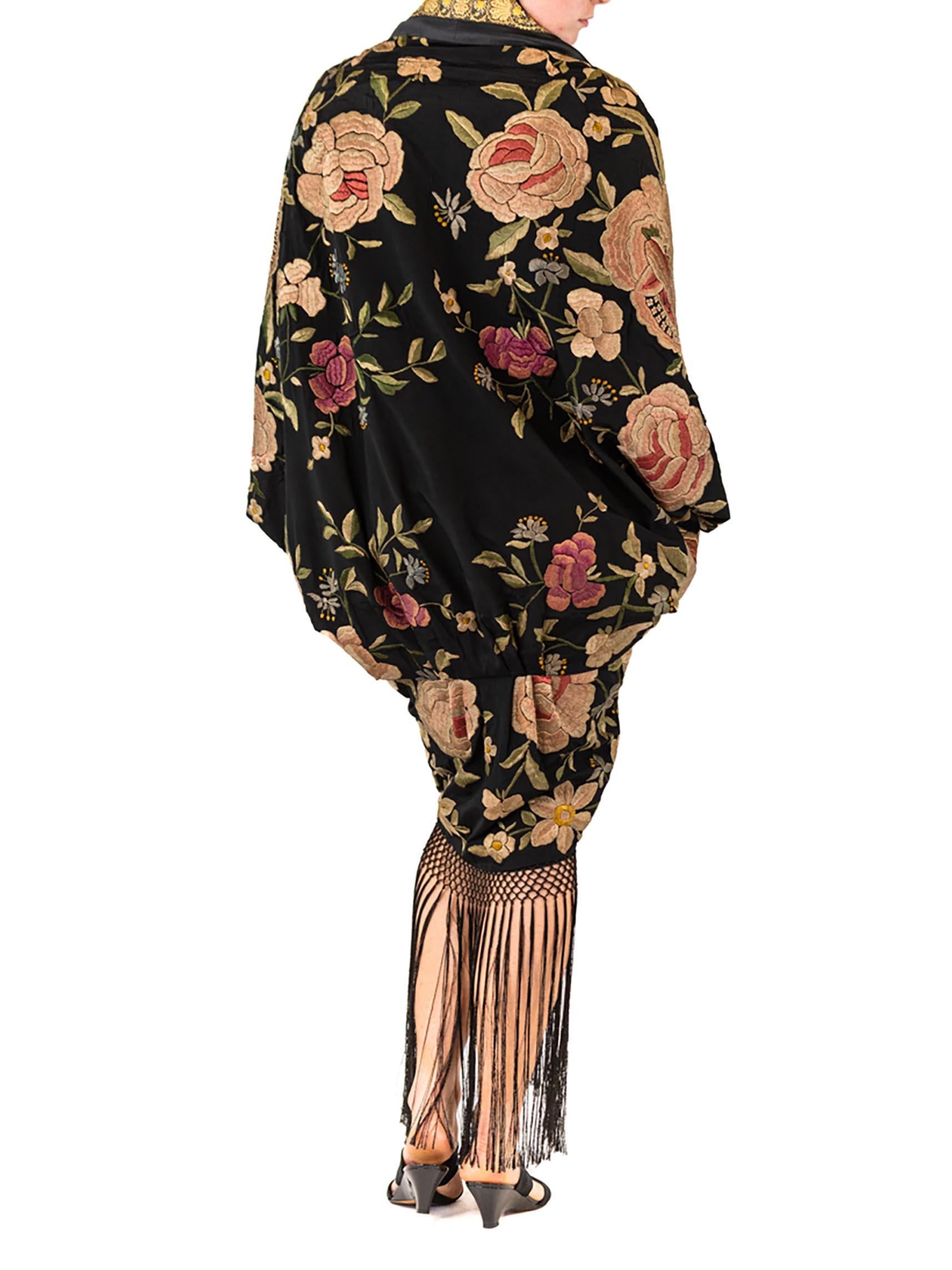 MORPHEW ATELIER Black Hand Embroidered Silk Floral Cocoon With Fringe And Vinta For Sale 5