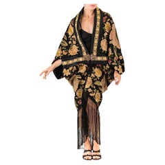 MORPHEW ATELIER Black Hand Embroidered Silk Floral Cocoon With Fringe And Vinta