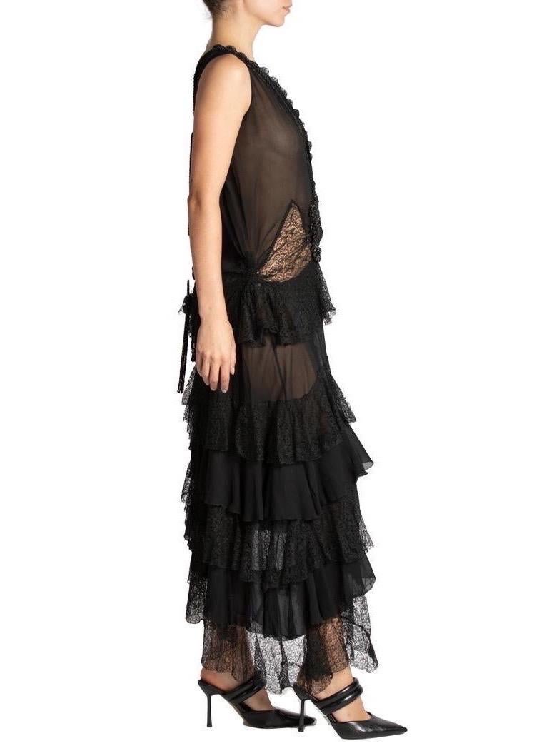 MORPHEW ATELIER Black Low Cut Silk Chiffon & Lace Ruffled Dress With Victorian  In Excellent Condition For Sale In New York, NY