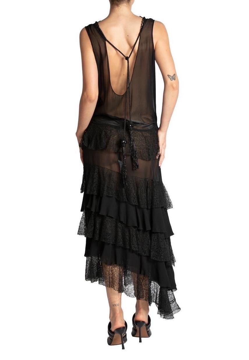 Women's MORPHEW ATELIER Black Low Cut Silk Chiffon & Lace Ruffled Dress With Victorian  For Sale