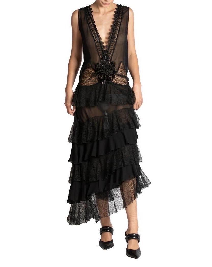 MORPHEW ATELIER Black Low Cut Silk Chiffon & Lace Ruffled Dress With Victorian  For Sale 1
