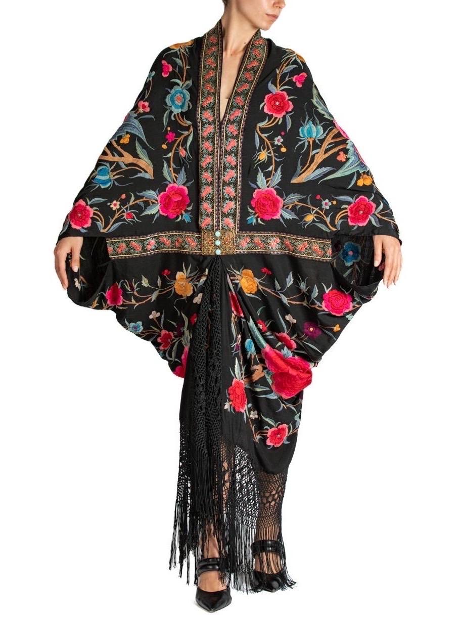 MORPHEW ATELIER Black Multicolored Silk Embroidered Large Floral Hand Cocoon Wi For Sale 1
