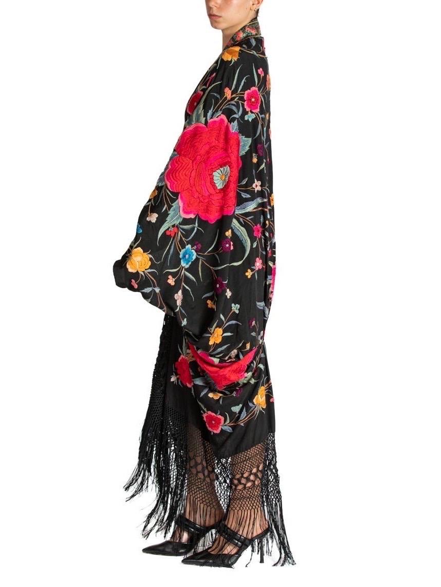 MORPHEW ATELIER Black Multicolored Silk Embroidered Large Floral Hand Cocoon Wi For Sale 2