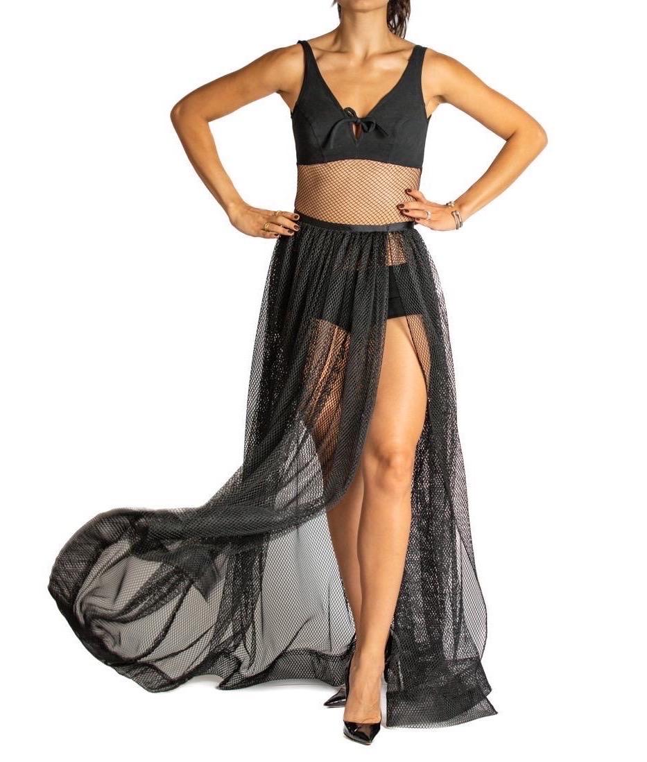 MORPHEW ATELIER Black Poly/Nylon Net Full Length Skirt With Slit For Sale 3