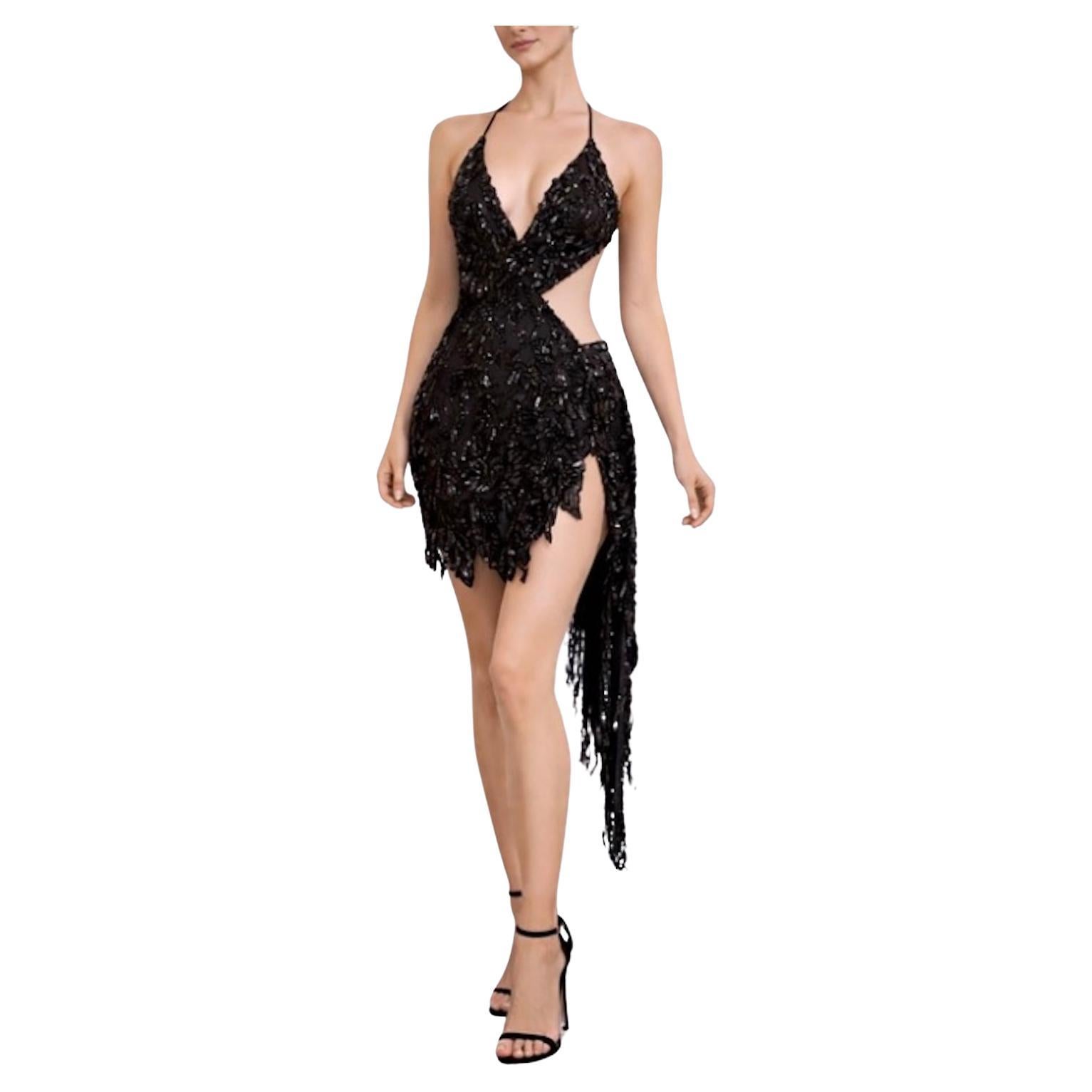 MORPHEW ATELIER Black Sequined Chiffon Cocktail Dress Backless For Sale