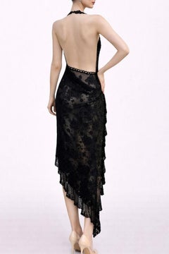 MORPHEW ATELIER Black Sheer Lace Antique Beaded Fringe Halter Cocktail Dress