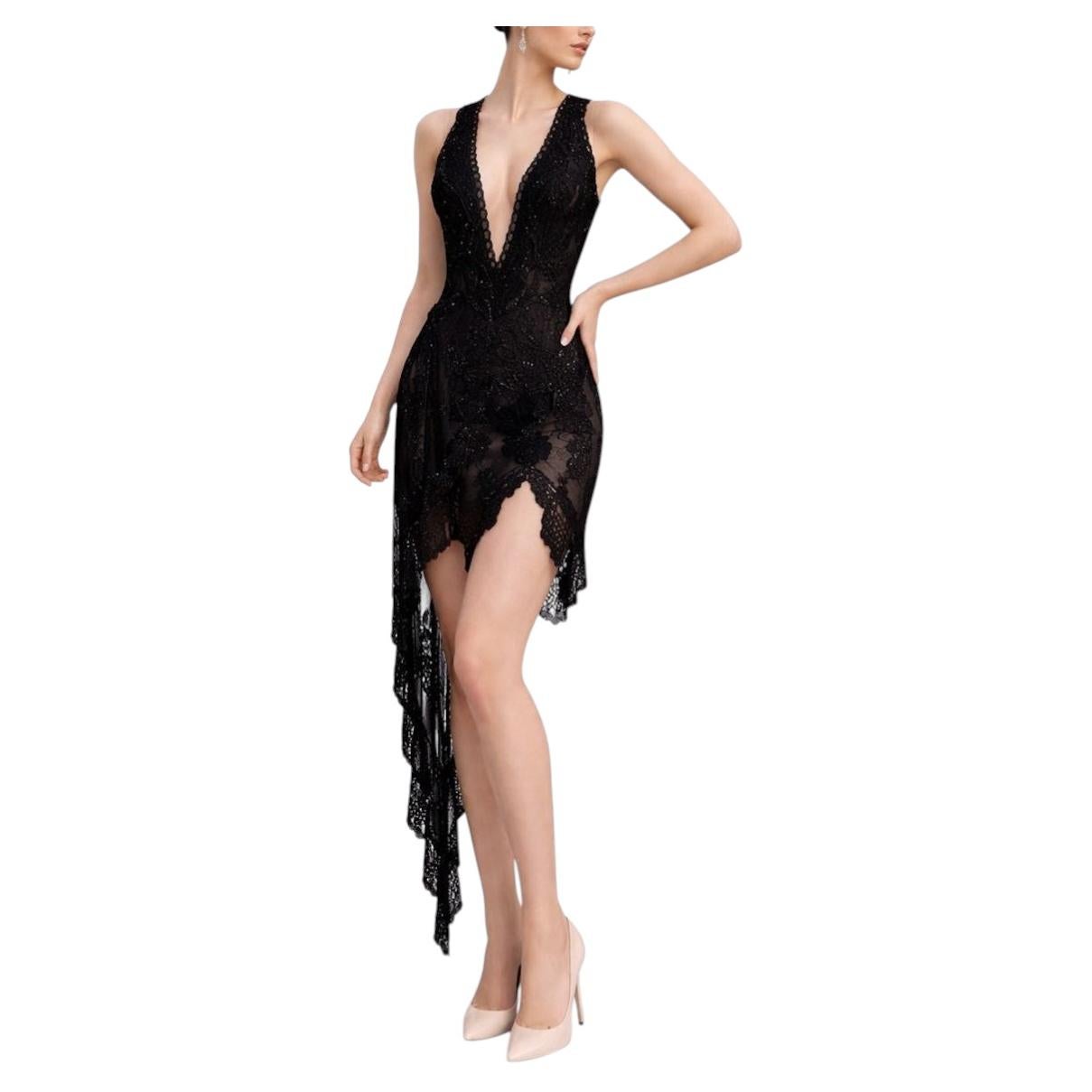 MORPHEW ATELIER Schwarzes Cocktailkleid aus transparenter Spitze mit antiken Perlen und Fransen