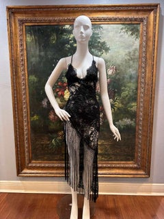 MORPHEW ATELIER Black Silk Chantilly Lace Layered Tatter Dress with Antique Frin