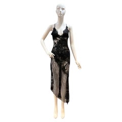 MORPHEW ATELIER Black Silk Chantilly Lace Layered Tatter Dress with Antique Frin