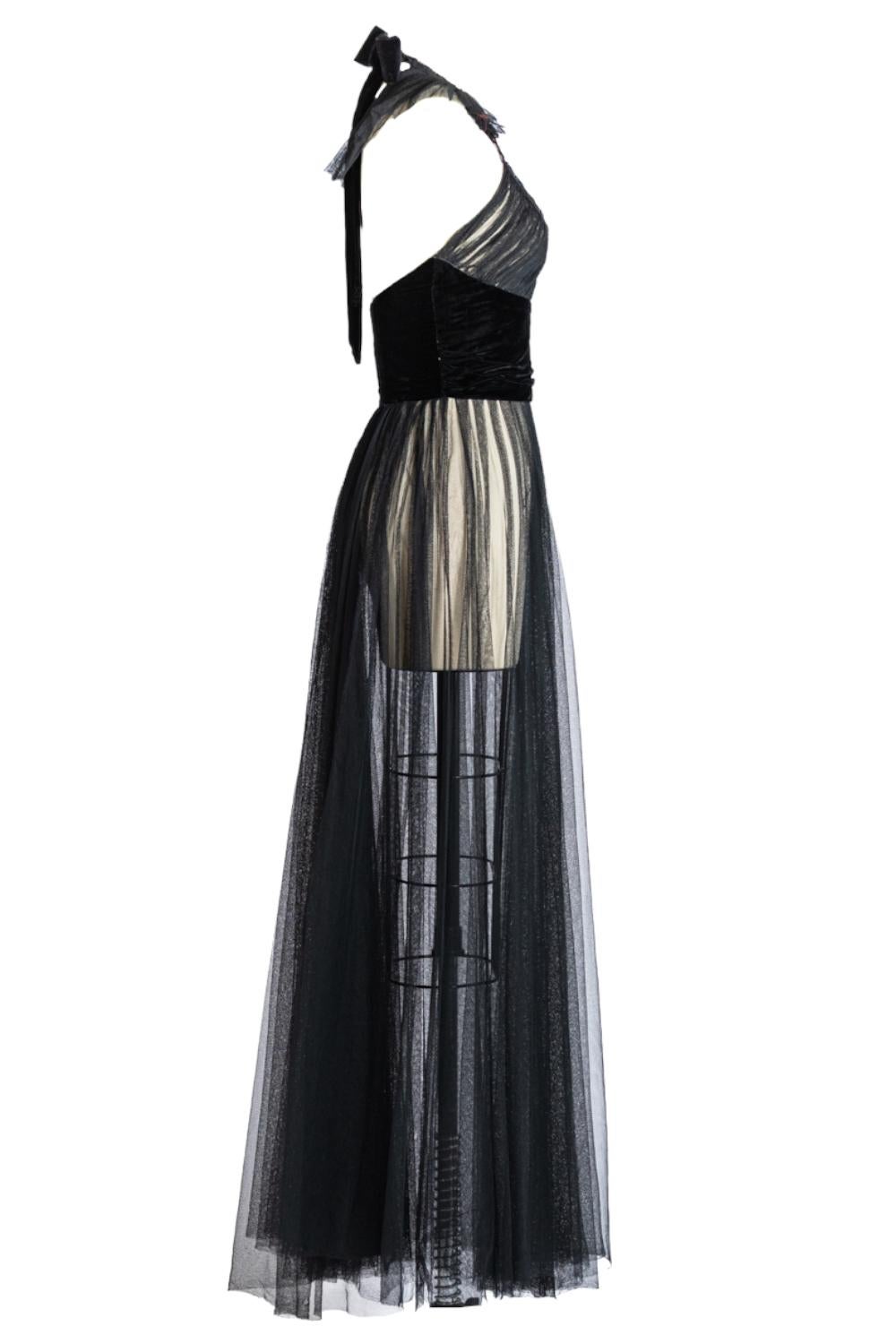 MORPHEW ATELIER Black Silk & Rayon Tulle Gown With Antique Velvet Waist Bow In New Condition For Sale In New York, NY
