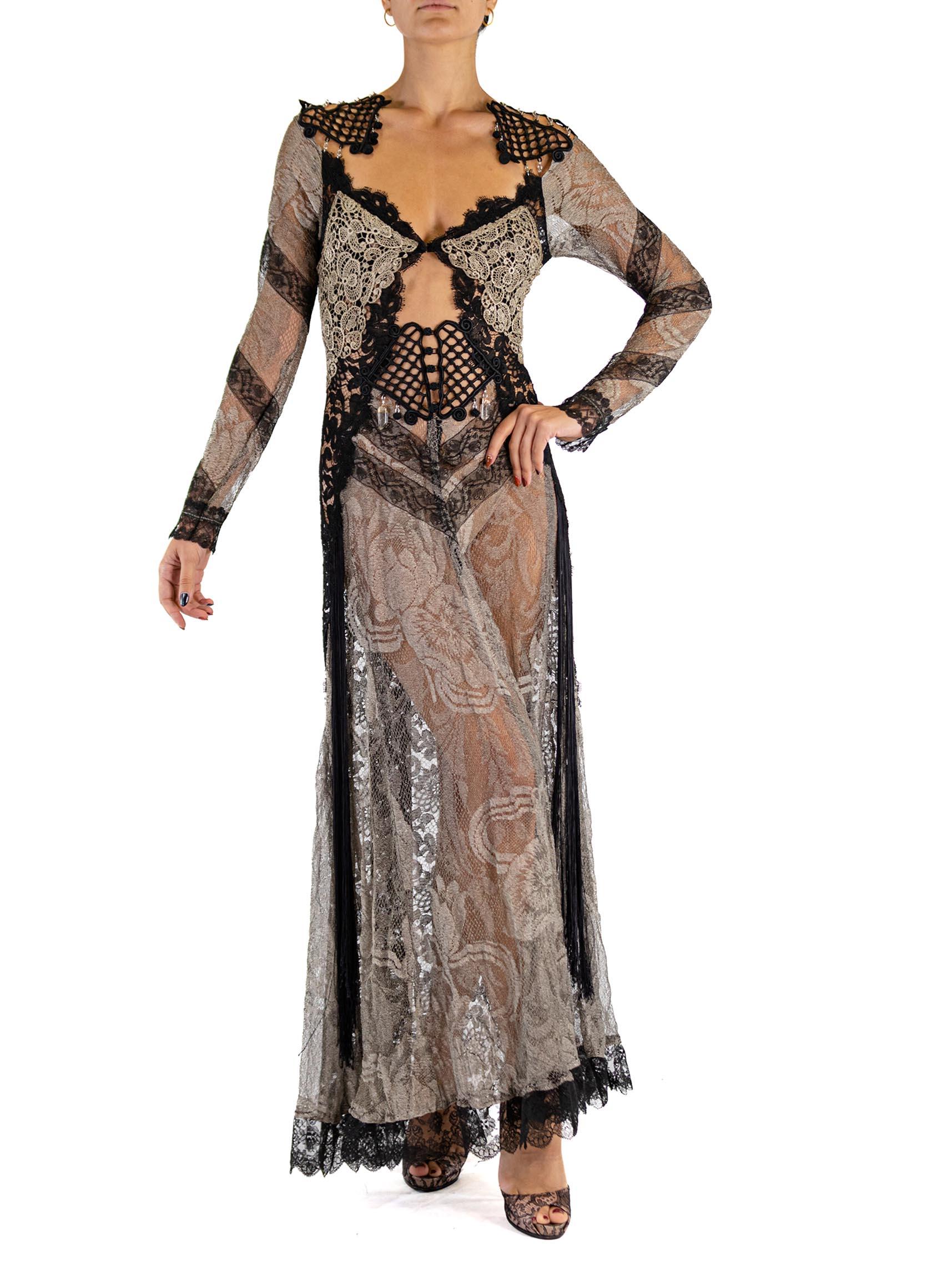 MORPHEW ATELIER Black & Silver Antique Lace Sleeved Gown With Quartz Crystals In Excellent Condition For Sale In New York, NY