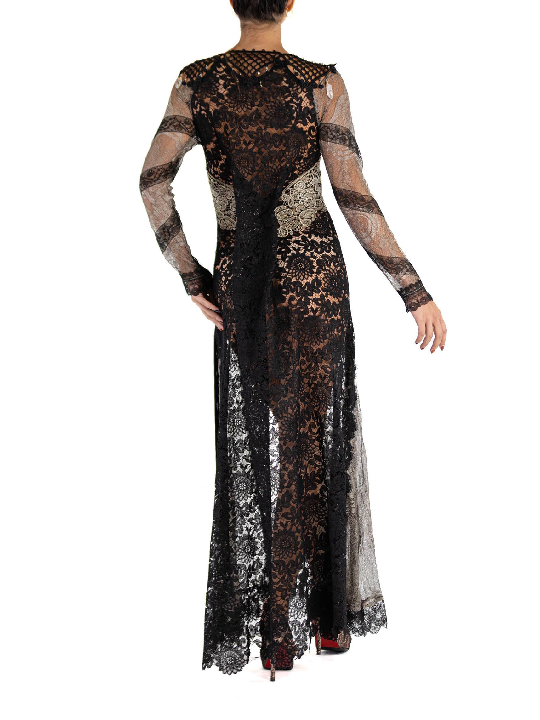 MORPHEW ATELIER Black & Silver Antique Lace Sleeved Gown With Quartz Crystals For Sale 1
