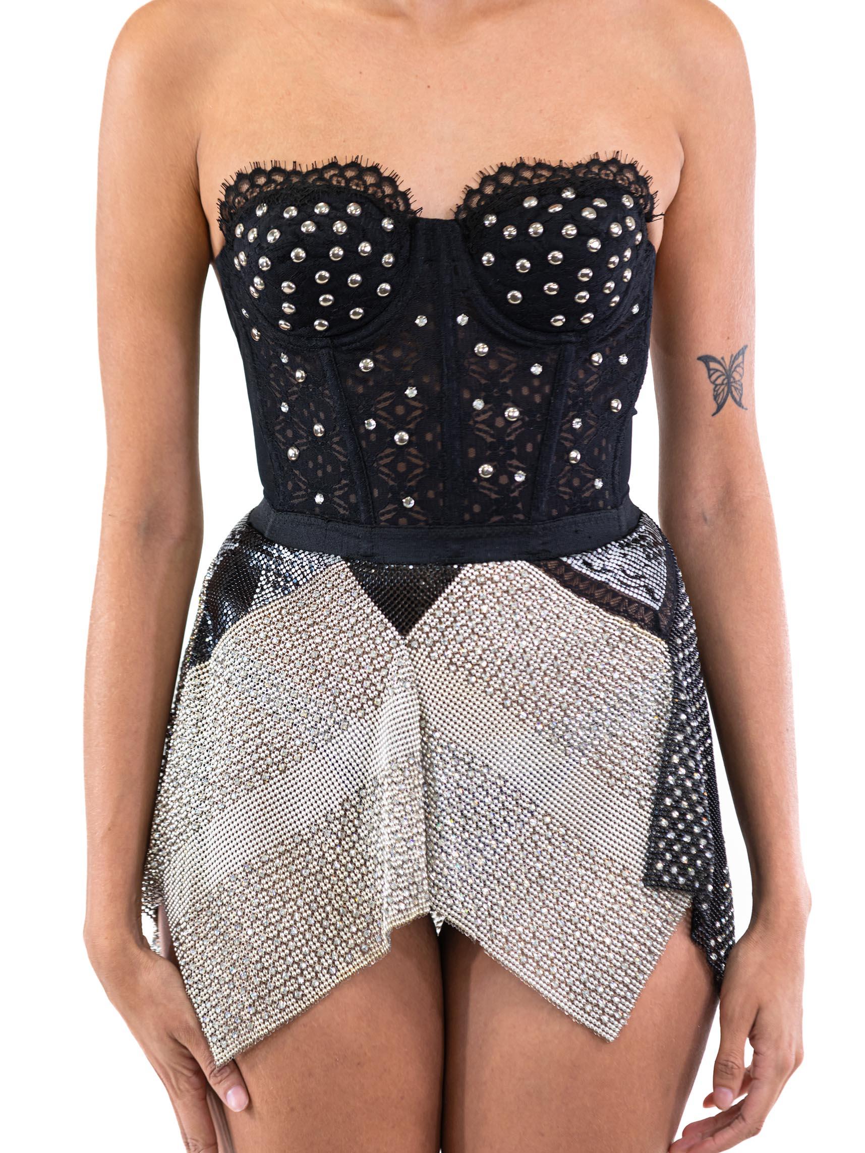 MORPHEW ATELIER Black & Silver Metal Mesh Punky Crystal Studded Bustier Cocktai For Sale 1