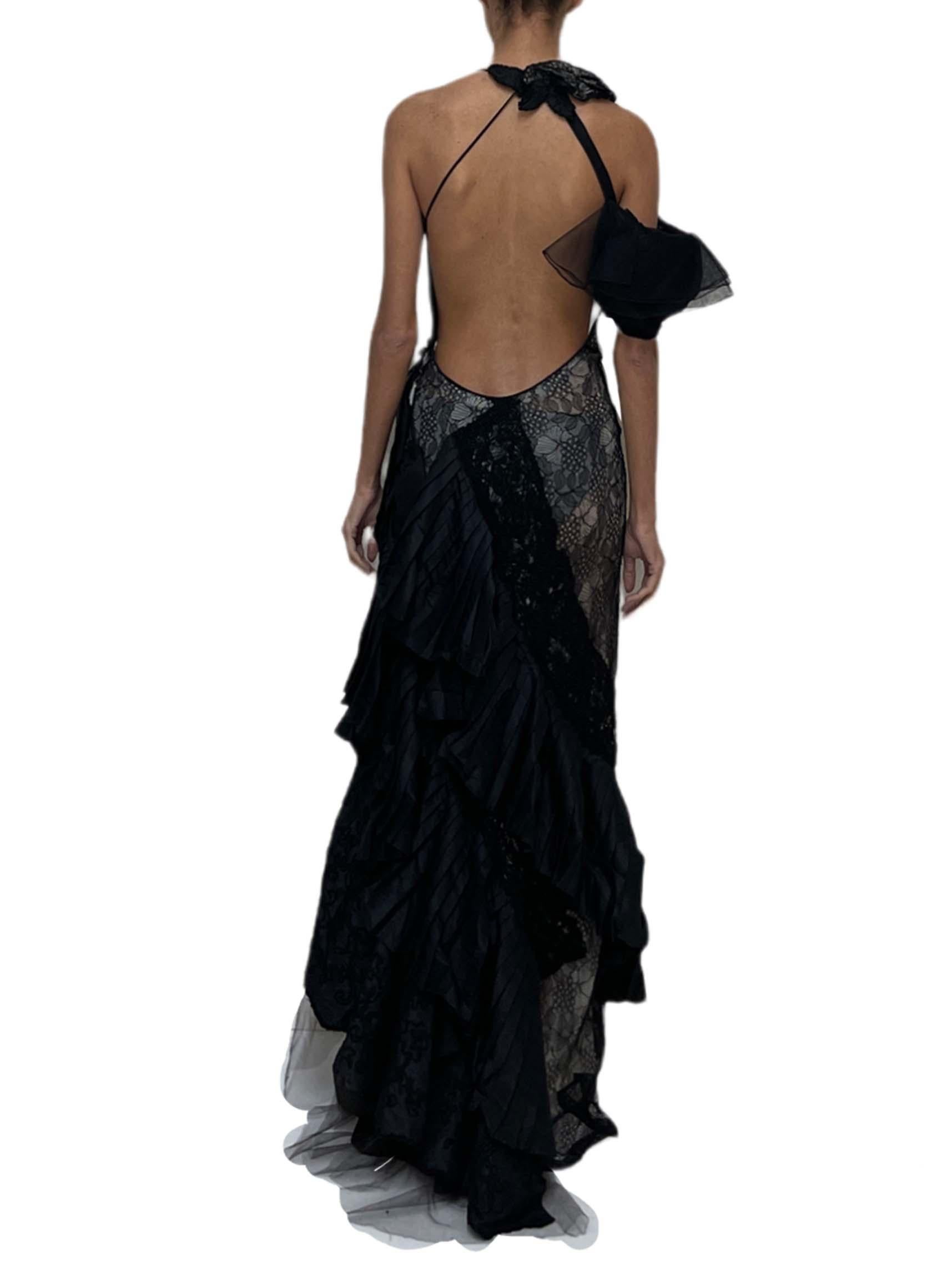 MORPHEW ATELIER Black & White Antique Lace Silk Taffeta Backless Ruffled Gown For Sale 5