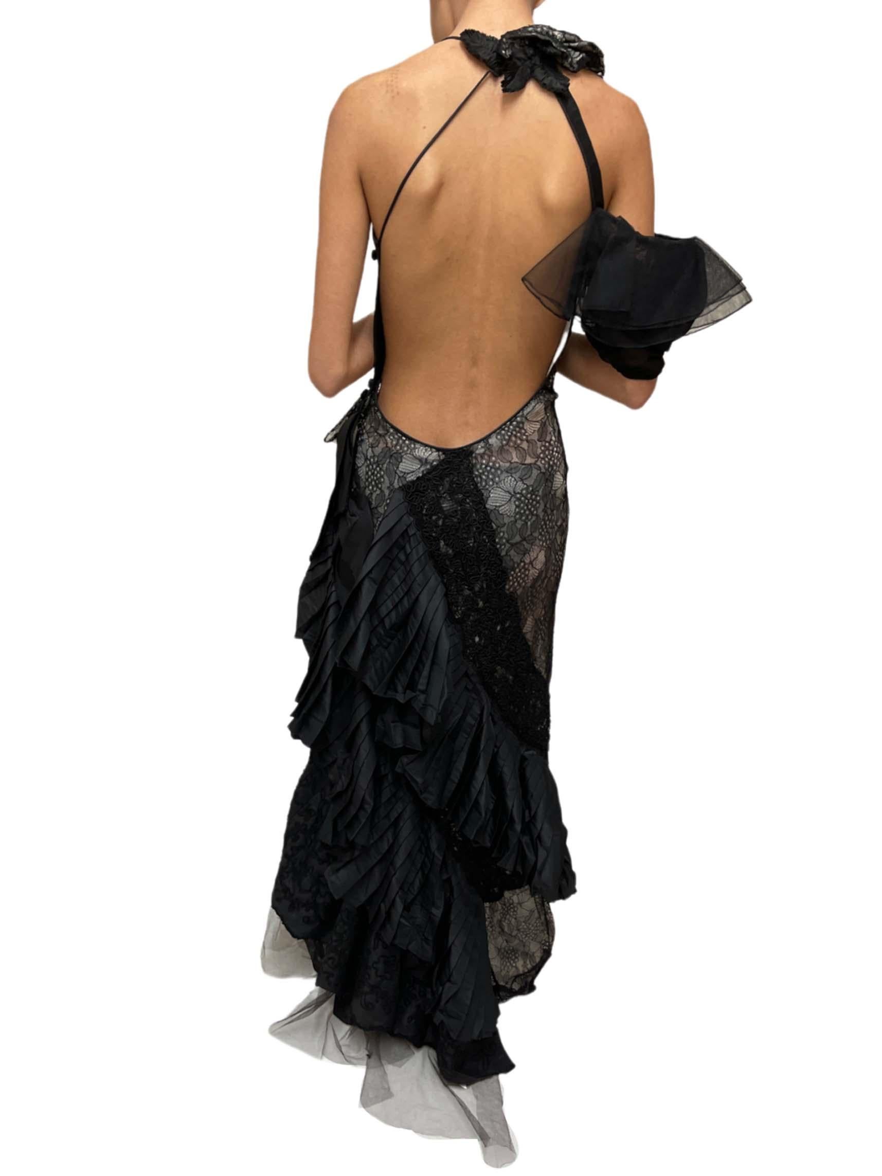 MORPHEW ATELIER Black & White Antique Lace Silk Taffeta Backless Ruffled Gown For Sale 2