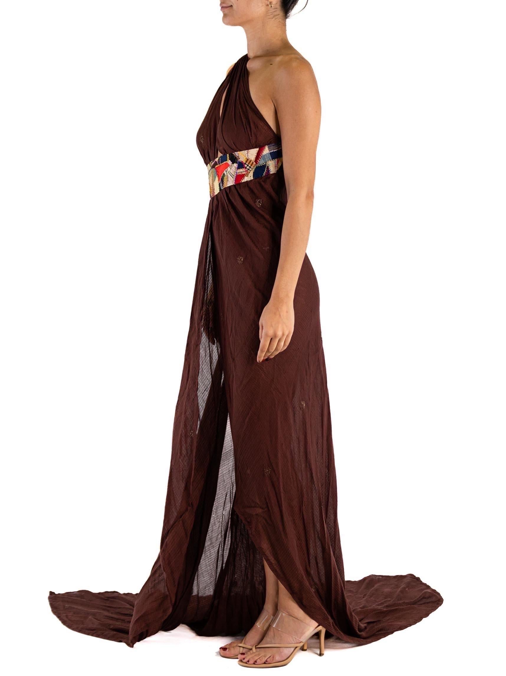 MORPHEW ATELIER Brown Chiffon Antique Sari Halter  Gown With Quilt Detail Stripe For Sale 7