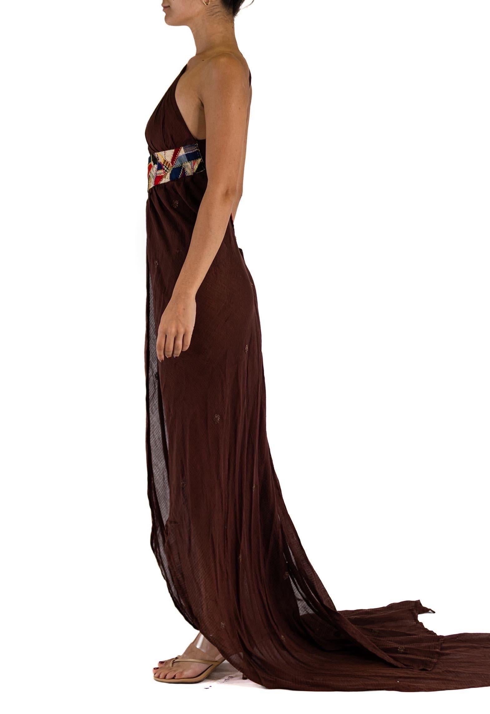MORPHEW ATELIER Brown Chiffon Antique Sari Halter  Gown With Quilt Detail Stripe In Excellent Condition For Sale In New York, NY