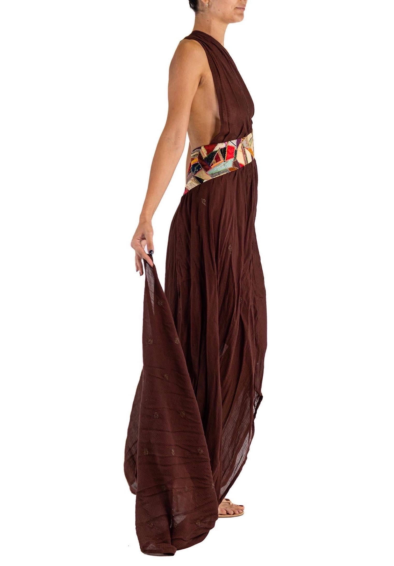 Women's MORPHEW ATELIER Brown Chiffon Antique Sari Halter  Gown With Quilt Detail Stripe For Sale