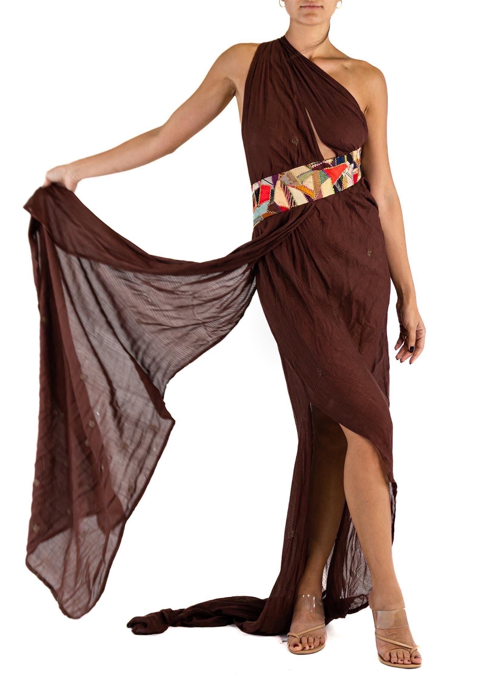 MORPHEW ATELIER Brown Chiffon Antique Sari Halter  Gown With Quilt Detail Stripe For Sale 1