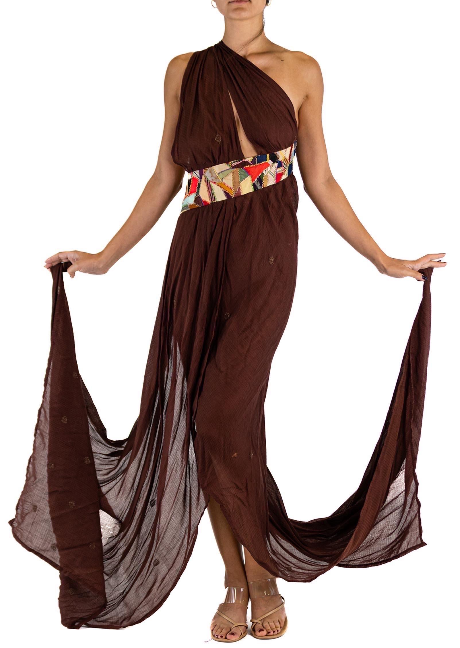 MORPHEW ATELIER Brown Chiffon Antique Sari Halter  Gown With Quilt Detail Stripe For Sale 3