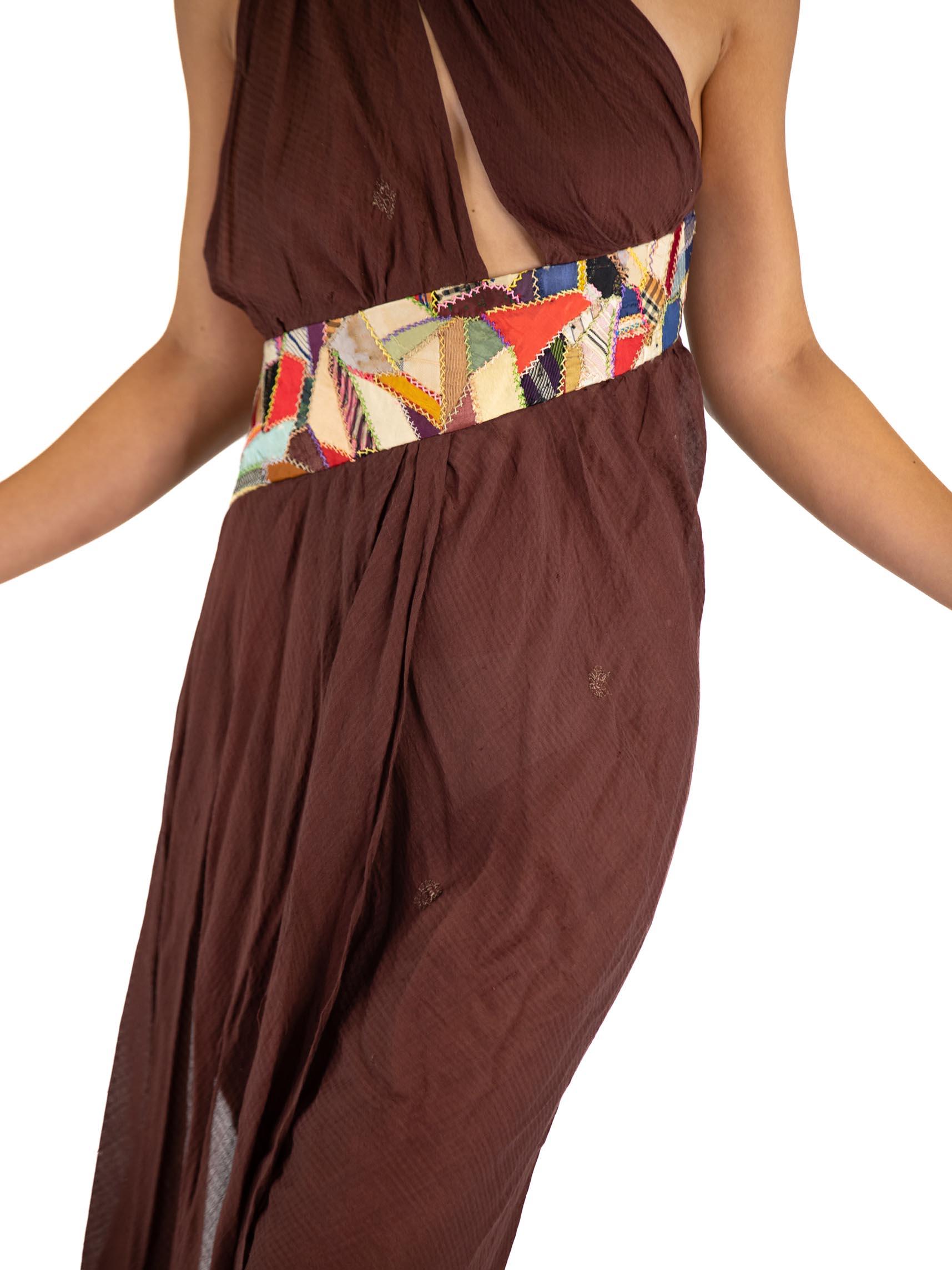 MORPHEW ATELIER Brown Chiffon Antique Sari Halter  Gown With Quilt Detail Stripe For Sale 4