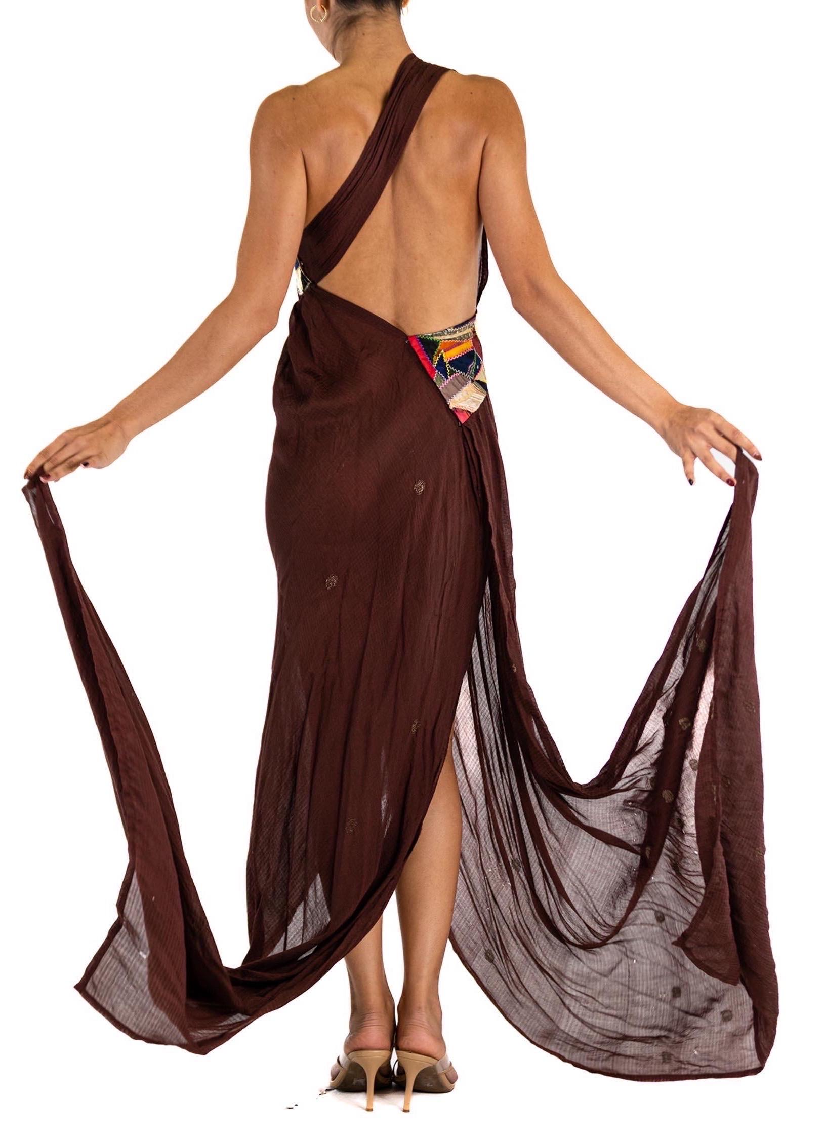 MORPHEW ATELIER Brown Chiffon Antique Sari Halter  Gown With Quilt Detail Stripe For Sale 5