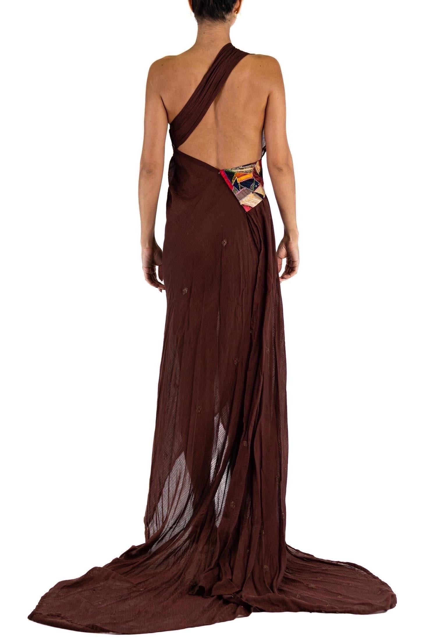 MORPHEW ATELIER Brown Chiffon Antique Sari Halter  Gown With Quilt Detail Stripe For Sale 6