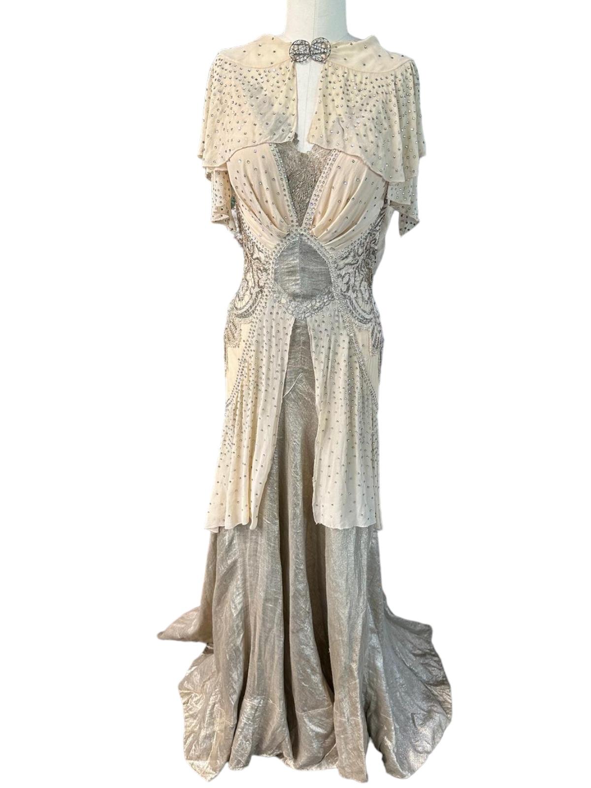 MORPHEW ATELIER Champagne Silk Chiffon & Antique Lamé Gown. CAPE SOLD SEPERATELY
